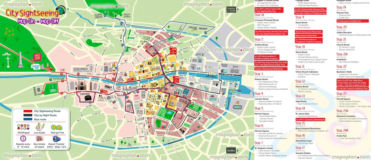 Dublín Hop on hop off autobús mapa de rutes